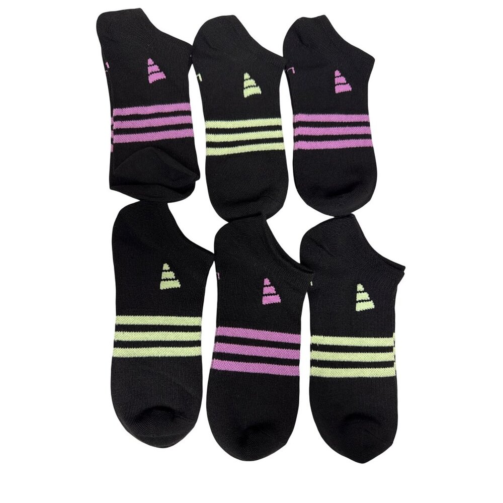 Adidas Women's Socks No Show Black Purple Yellow Stripe Logo 6 Pair Athletic NEW